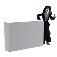 funny cartoon reaper invites you. 3D rendering with clipping