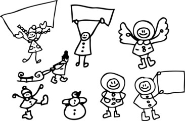 Cute doodle kids in winter clothes isolated on background