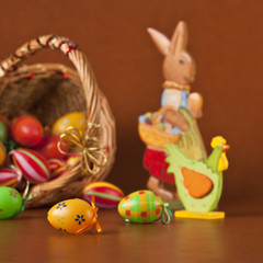 Easter basket, eggs, bunny and chicken
