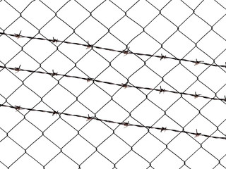 Metal barbed wire fence protection isolated on white