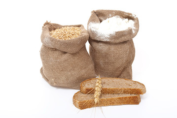 Flour and wheat grain with bread