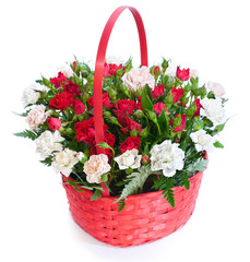 Bright flower bouquet in basket isolated ower white background