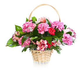 Fototapeta na wymiar Bright flower bouquet in basket isolated ower white background