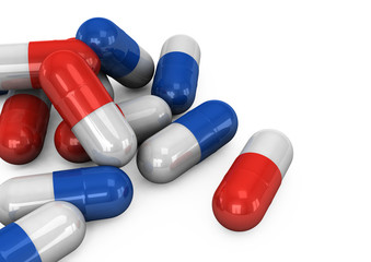 3d different tablets and pills on a white background