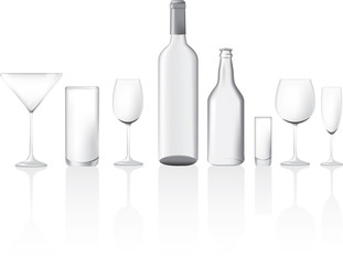 illustration set of clear glass empty bottles and glasses