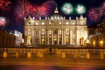 Basilica di San Pietro with firework, Vatican, Rome, Italy