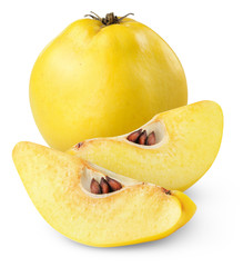 Isolated quince. One whole quince fruit and two slices isolated on white background