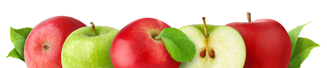 Isolated apples. Cut red and green apples in horizontal border isolated on white background