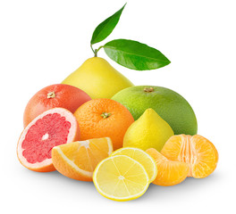 Isolated fruits. Heap of citrus fruits (orange, lemon, tangerine, grapefruit, pomelo) isolated on white background
