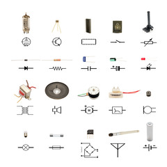 electronic components with circuit schematic symbols on white