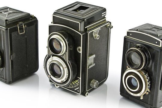 Three Vintage two lens photo camera