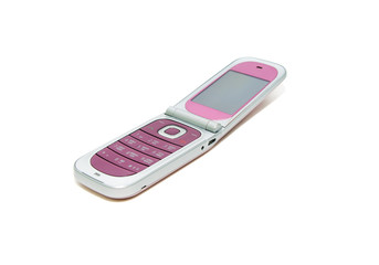 Pink clamshell cell phone isolated on white background.