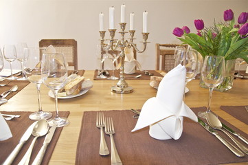 Festlich gedeckter Tisch mit Tulpen und Kerzenhalter