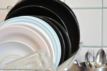 the clean dishes on the rack