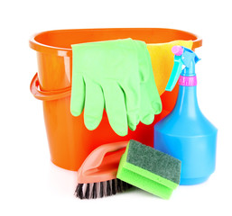 cleaning supplies isolated on white