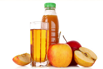 Fruits and glasses with juice isolated on white