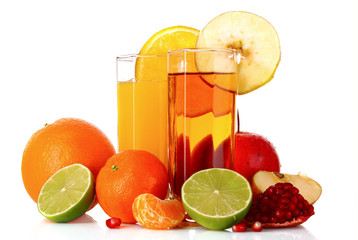 Fruits and glasses with juice isolated on white