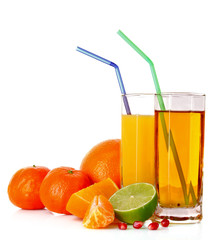 Fruits and glasses with juice isolated on white