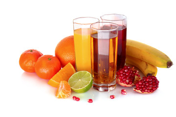 Fruits and glasses with juice isolated on white