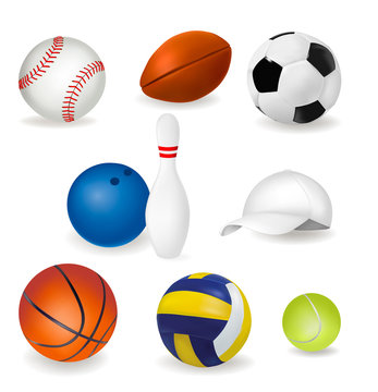 Big set of sport balls and tennis cap. Vector illustration.