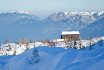mountain hut in winter, julijan alps