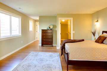 Fresh green bedroom with modern brown bed