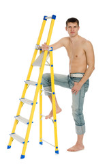 Young man with a stand ladder.