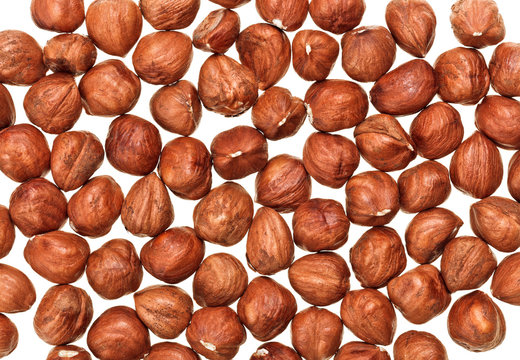 Unshelled hazel nuts isolated on white, food background