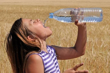 Niña bebiendo agua en un campo de trigo © JF Gicquel