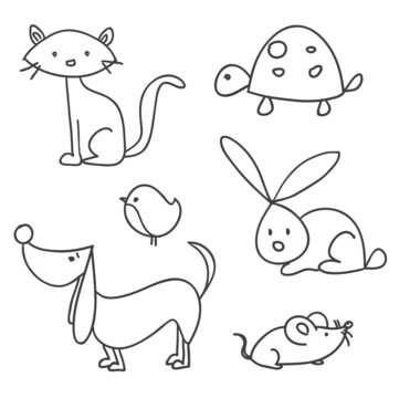Hand drawn cartoon pets, vector illustration
