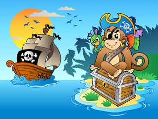Wall murals Pirates Pirate monkey and chest on island