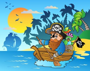 Piraat peddelend in boot bij eiland