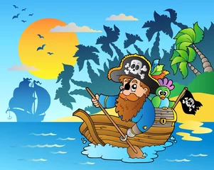 Fotobehang Piraten Piraat peddelend in boot bij eiland