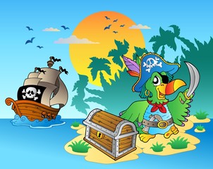 Piratenpapegaai en kist op eiland