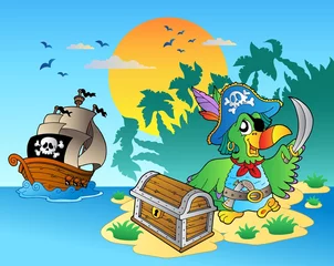 Fotobehang Piraten Piratenpapegaai en kist op eiland