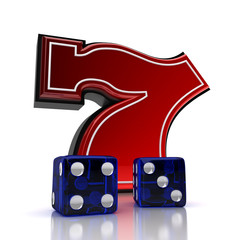 Lucky number seven with dice over white background