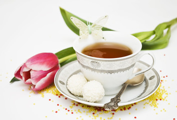 pink tulip and tea
