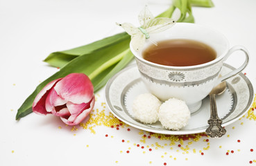 pink tulip and tea