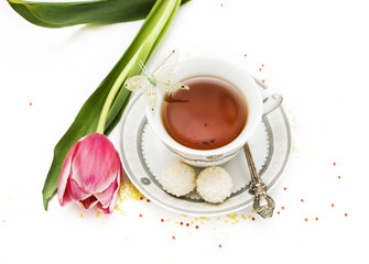 pink tulip and tea