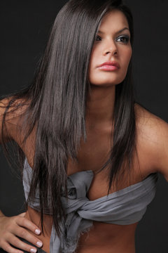 Young attractive woman with long black hair.