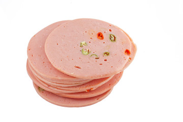 slices of ham isolated on the white background