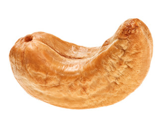 One unshelled roasted cashew nut, isolated on white