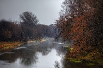 Naklejka na ściany i meble Froggy landscape with autumn river