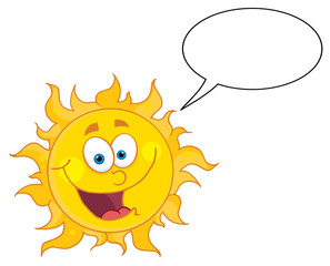 Happy Sun Mascot Cartoon Character With Speech Bubble