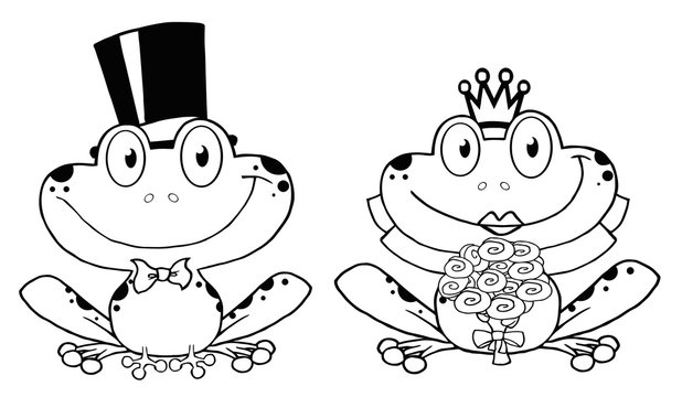 Outlined Bride and Groom Frogs Cartoon Characters