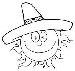 Outlined Smiling Sun With Sombrero Hat