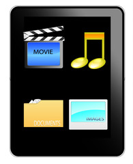 Black tablet pc with music,movie,documents and image icon