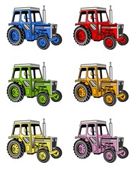 illustration of different colored farm tractors