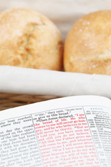Bible with text in Jon 6:35 - Jesus being the bread of life - obrazy, fototapety, plakaty