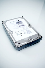 A close-up of a computer hard disk